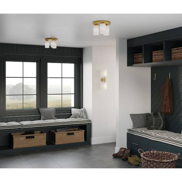 Progress Lighting Cofield Collection 12 in. 3-Light Vintage Brass Transitional Flush Mount with Etched Glass Shades