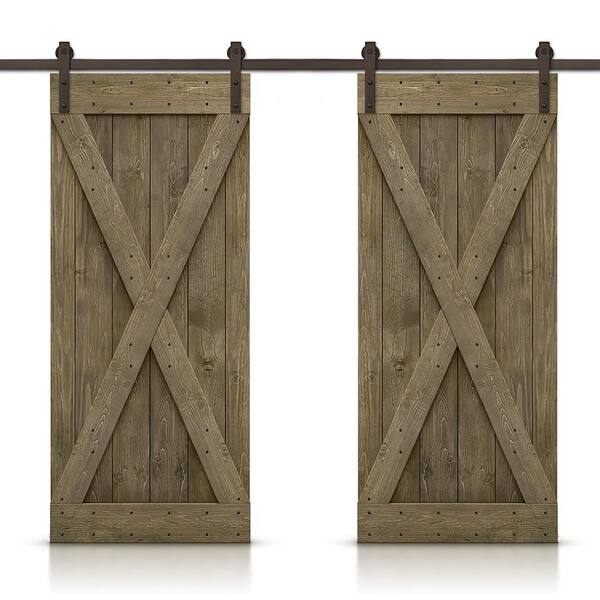 CALHOME X 56 in. x 84 in. Aged Barrel Stained DIY Solid Pine Wood Interior Double Sliding Barn Door with Hardware Kit