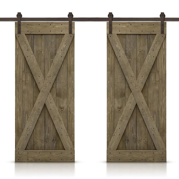 CALHOME X 64 in. x 84 in. Aged Barrel Stained DIY Solid Pine Wood Interior Double Sliding Barn Door with Hardware Kit
