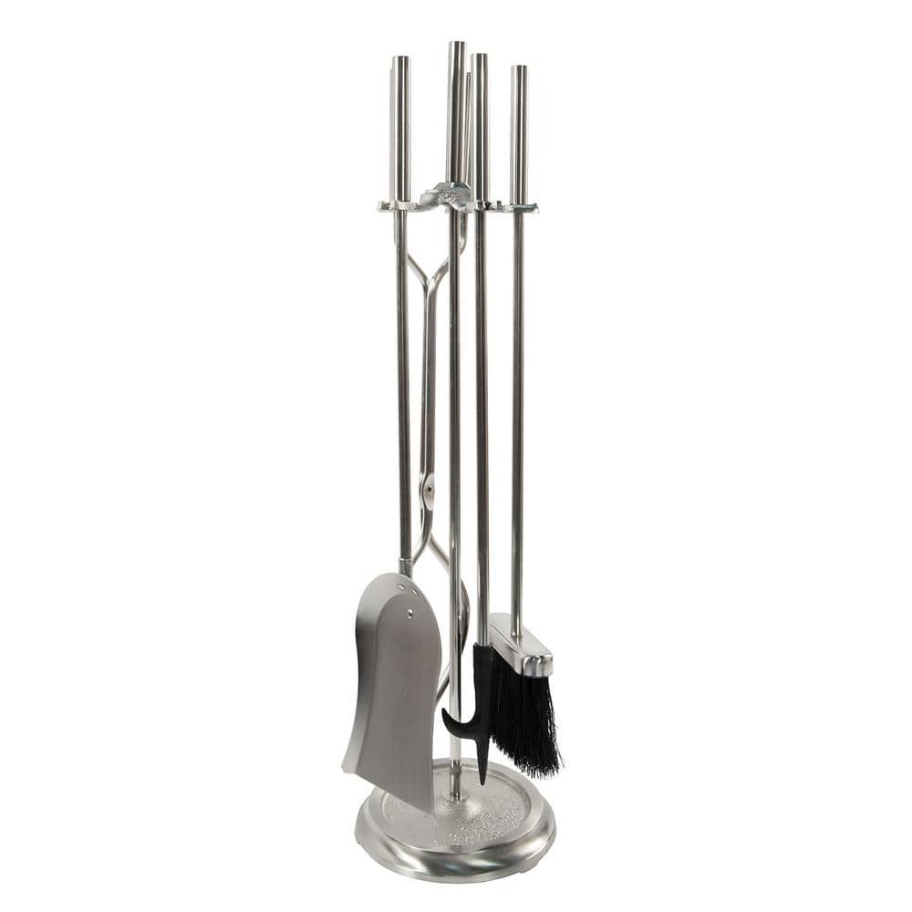 ACHLA DESIGNS 30 in. Tall 5-Piece Brushed Steel Neoclassic Fireplace Tool Set with Round Base