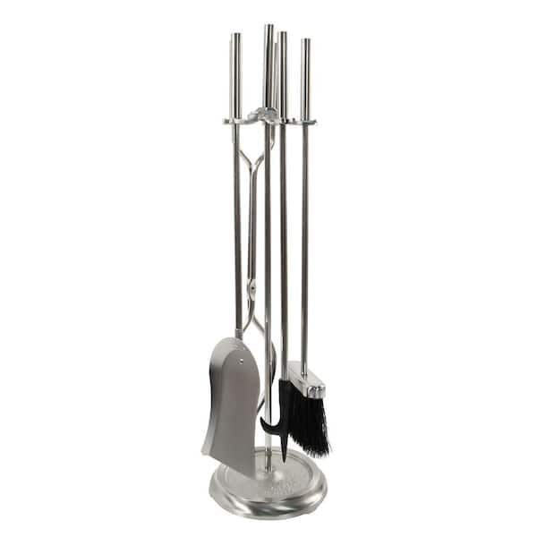 ACHLA DESIGNS 30 in. Tall 5-Piece Brushed Steel Neoclassic Fireplace Tool Set with Round Base
