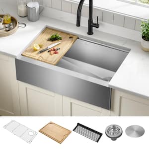 Kore 16 Gauge Stainless Steel 33 in. Single Bowl Farmhouse Apron Workstation Kitchen Sink with Accessories