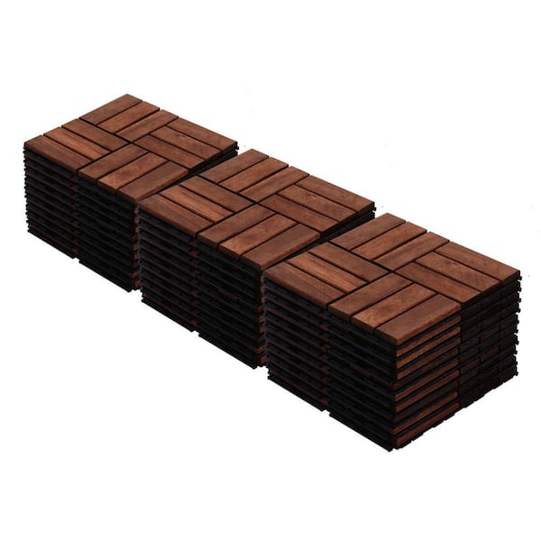 12 in. x 12 in. Wooden Brown Square Checker Interlocking Floor Patio Deck Tiles (30PCS)
