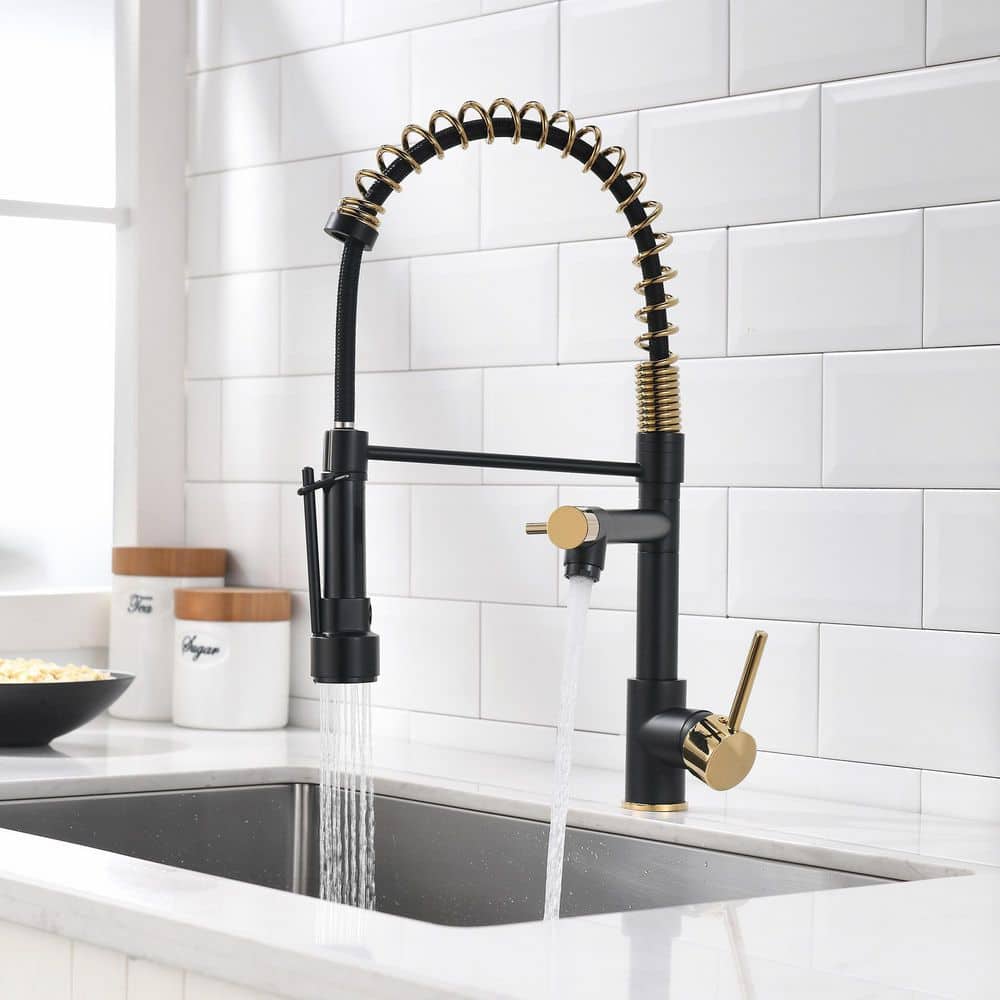 Matte Black and Gold Double Handle Pull Down Kitchen Faucet