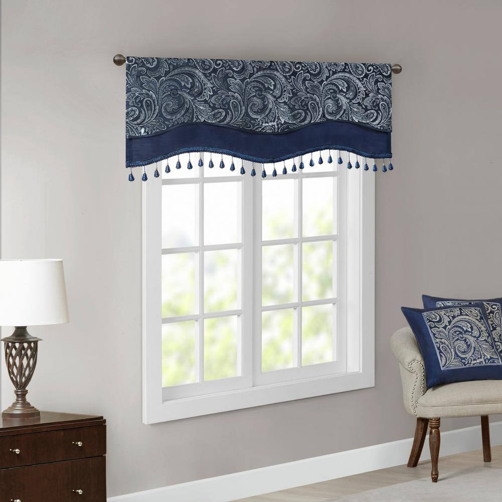 Navy Faux Silk Jacquard Beaded Window Valance