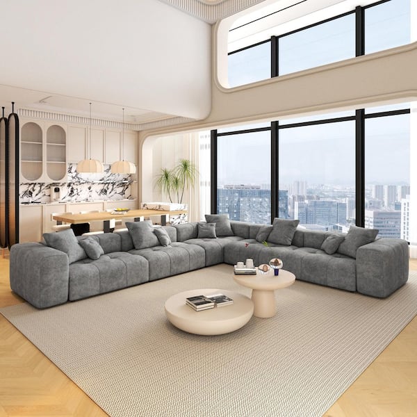 J&E Home 144.17 in. Wide Square Arm Linen Modern Oversized L-Shaped Sofa For Living Room in Gray