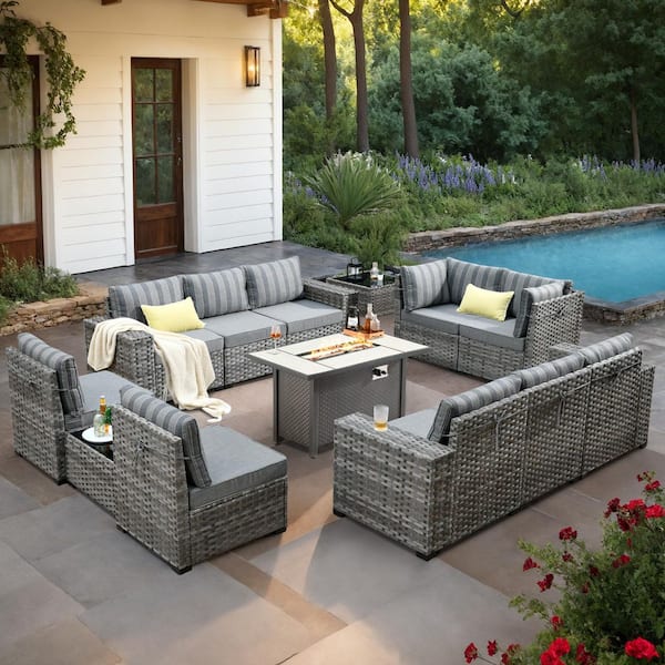 XIZZI Beatrice 13-Piece Wicker Patio Rectangle Fire Pit Conversation Set with Gray Stripe Cushions