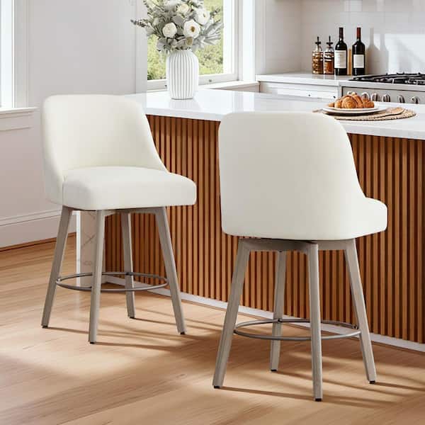 Alba 37.8 in. Linen Fabric Wood Frame 360° Swivel Upholstered Counter Height Bar Stool with Weathered Finish (Set of 2)