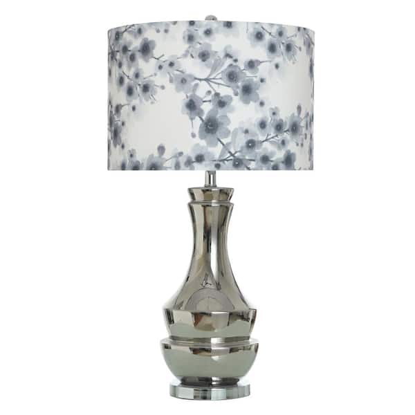 Dynasty 30.5 in. Plated Silver Transitional 1-Light Standard Floor Lamp for Living Room Linen Drum Shade