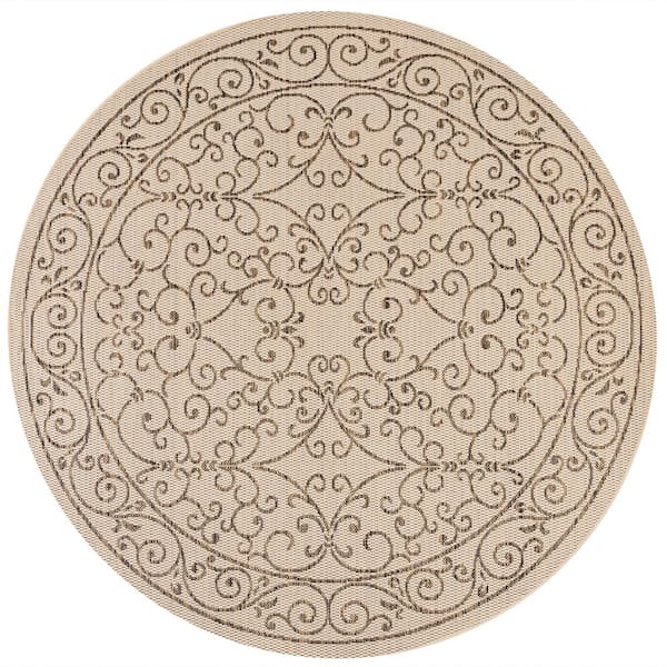 Charleston Vintage Filigree Beige/Brown 5 ft. Textured Weave Indoor/Outdoor Round Area Rug