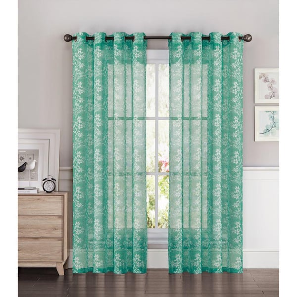 Window Elements Sheer Botanica Faux Linen 54 in. W x 84 in. L Semi-Sheer Grommet Extra Wide Curtain Panel in Turquoise