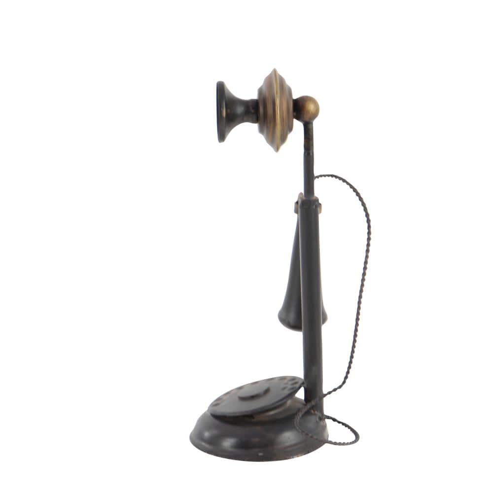 Vintage Black and Brass Metal Telephone Sculpture with Round Base