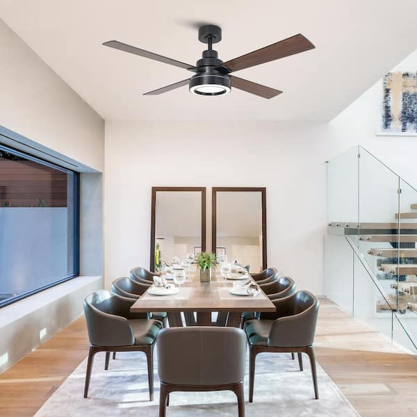 52 in. Indoor 4-Blade Modern Black Downrod Mount Standard Ceiling Fan with Integrated LED Light and Remote Control