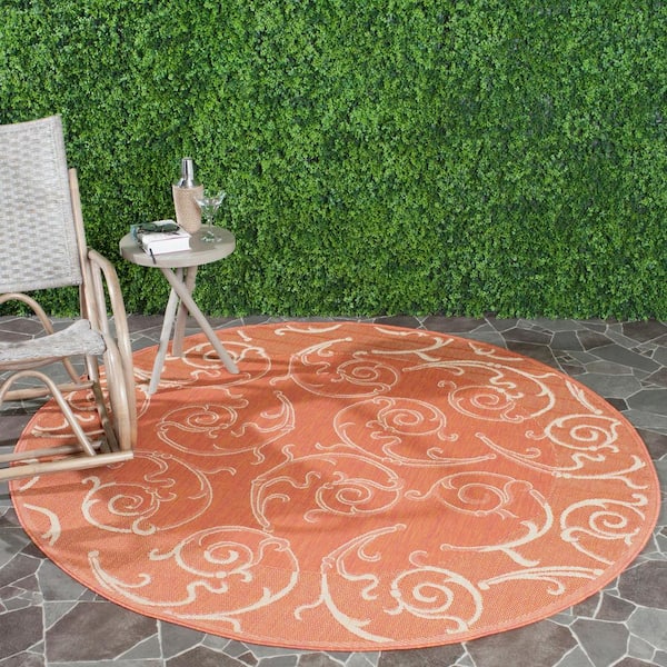 Courtyard Terracotta/Natural 8 ft. x 8 ft. Round Border Indoor/Outdoor Patio  Area Rug