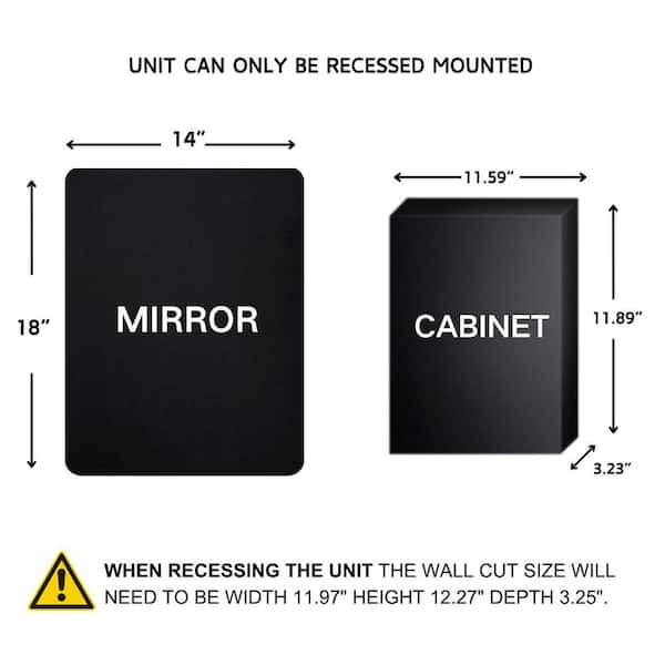 TEHOME 14-in x 18-in Recessed Mount Matte Black Mirrored Medicine Cabinet