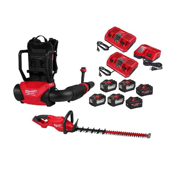 M18 FUEL 18V Brushless Cordless Dual Battery Backpack Blower Kit w/ M18 Hedge Trimmer, (6) M18 Batteries, (3) Chargers