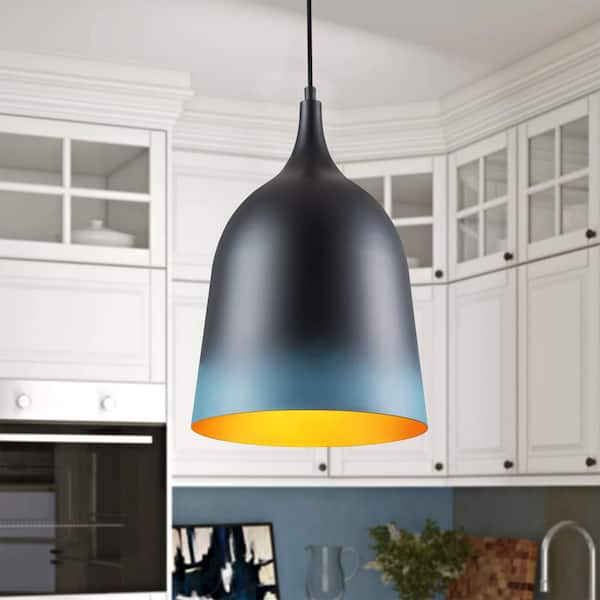 Rennnsan Edgar 1-Light Matte Black and Gradient Blue Dual-tone Aluminum Bell Pendant Light with Gold-painted Interior