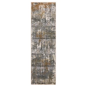 Haven Gray/Gold 2 ft. x 8 ft. Abstract Serene Polyester Fringed Indoor Runner Area Rug
