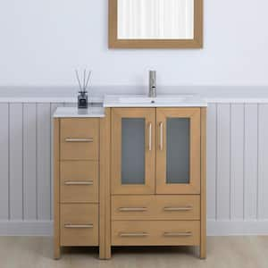 36 in. W x 18.1 in. D x 35.8 in. H Single Basin Natural Oak Bath Vanity with White Ceramic Top and Mirror