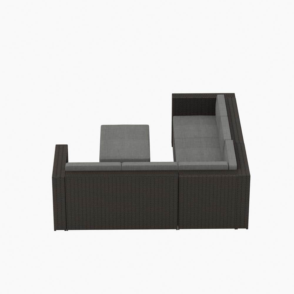 6-Piece Brown and Gray Steel Patio Sectional Set with Storage Ottoman