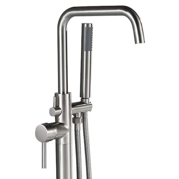 AKLFGN Single-Handle Floor-Mount Roman Tub Faucet with Hand Shower in Brushed Nickel