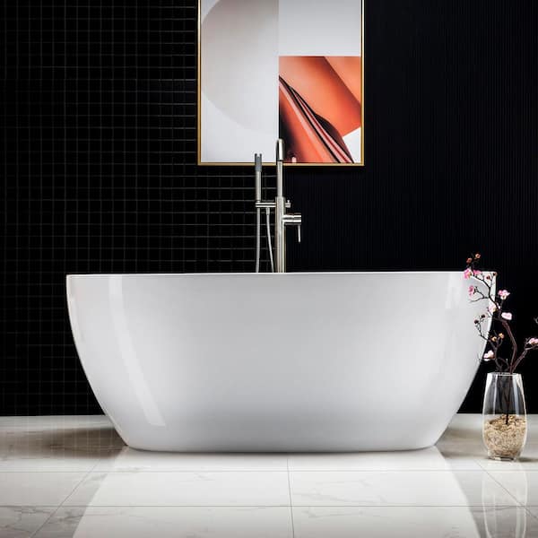 Berck 59 in. Acrylic FlatBottom Double Ended Bathtub with Brushed Nickel Overflow and Drain Included in White