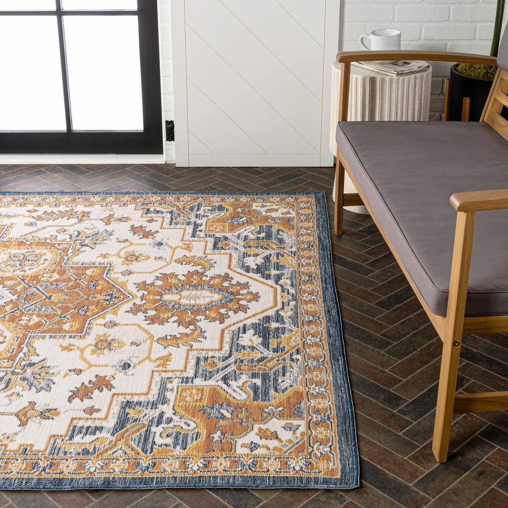 Bijan Terra Blue Cream Medallion Washable Reversible Rug 5x8