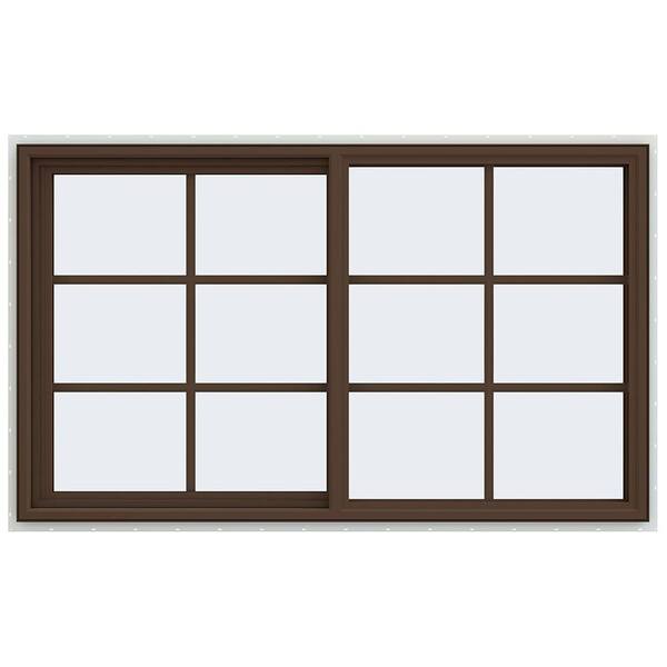 JELD-WEN 59.5 in. x 35.5 in. V-4500 Series Brown Painted Vinyl Left-Handed Sliding Window with Colonial Grids/Grilles