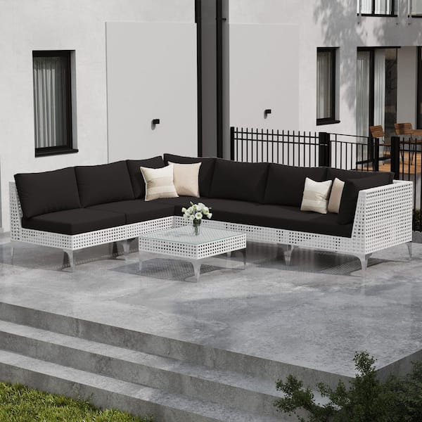 Unbranded 7-Piece Outdoor Wide Rattan Sectional Sofa Set Wicker Patio Conversation Set with Black Cushions and Coffee Table