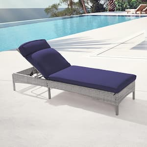 Wicker Outdoor Adjustable Height Chaise Recliner Chair with Navy Blue Cushions