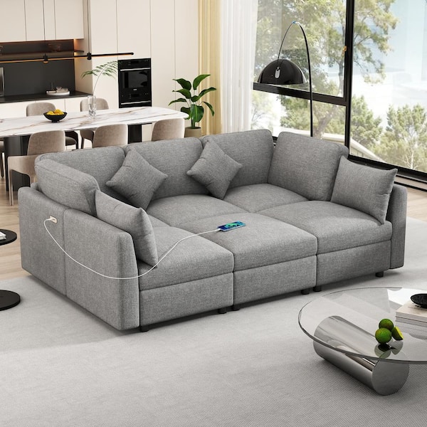 85.4 in. Armless Chenille Modular Sectional Sofa in Light Gray with A Movable Ottoman, 2 Toss Pillows and 2 USB Ports