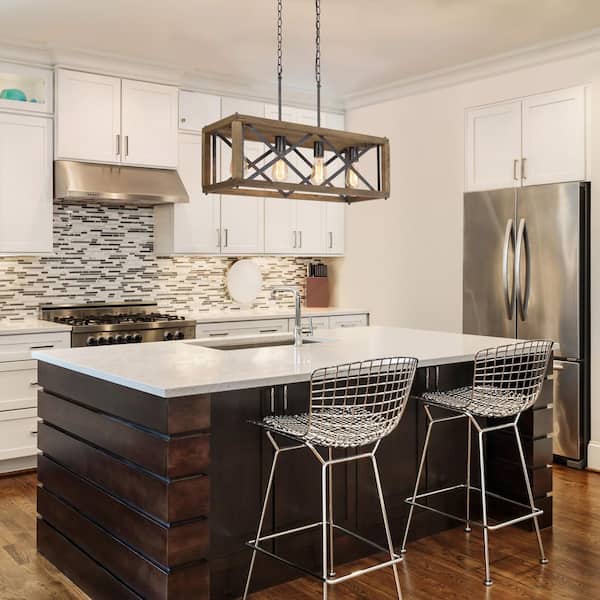 Modern Farmhouse Wood Chandelier 4-Light Black Cage Rectangle Island Chandelier for Kitchen Dining Room