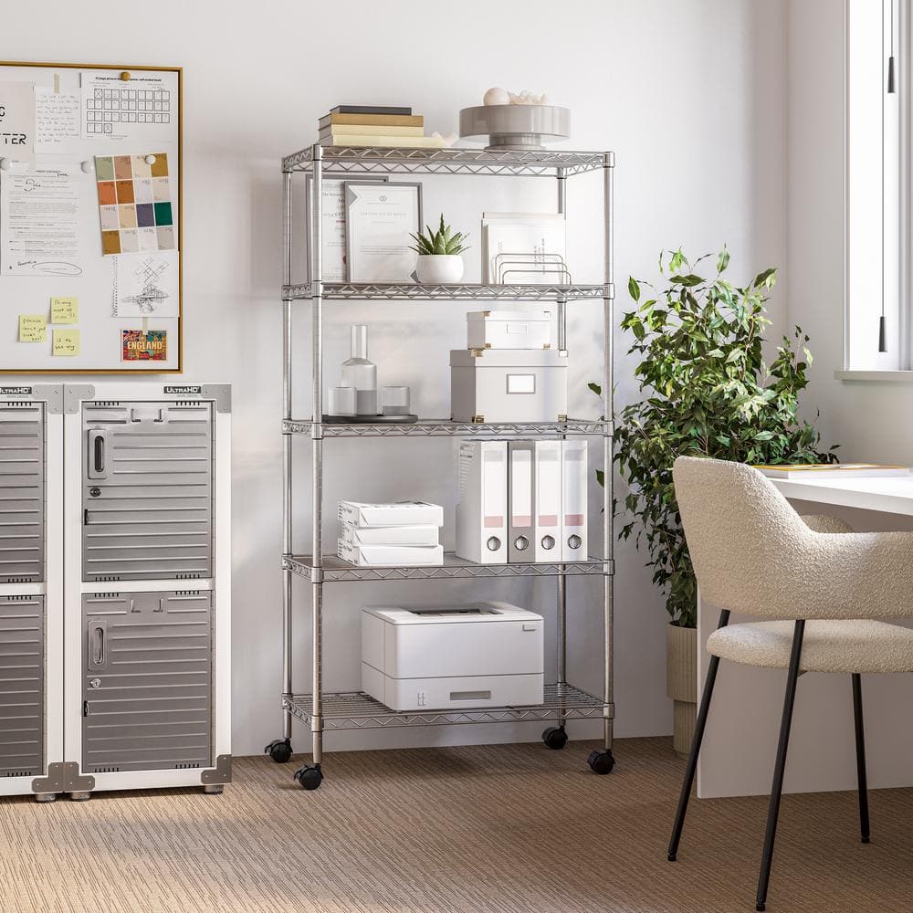 Seville Classics Chrome 5-Tier Steel Wire Shelving Unit with Wheels, 30"W x 61.5"H