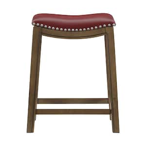 Pecos 25 in. Brown Wood Counter Height Stool with Red Faux Leather Seat