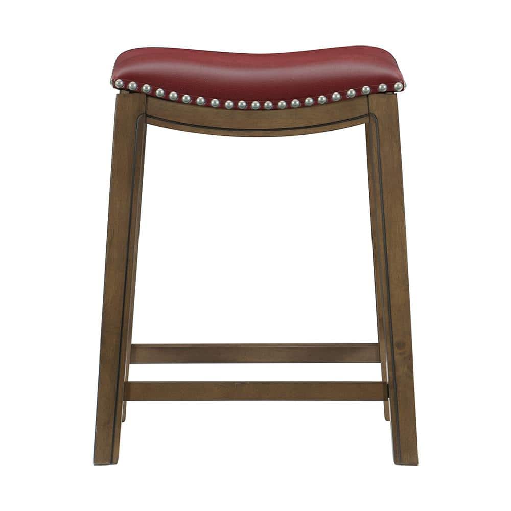 Pecos 25 in. Brown Wood Counter Height Stool with Red Faux Leather Seat