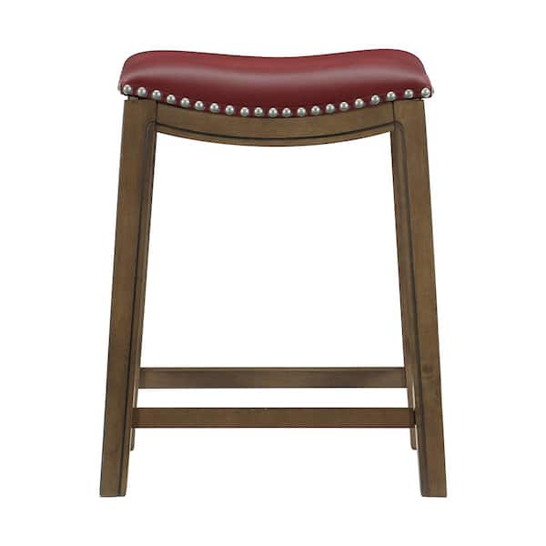 Pecos 25 in. Brown Wood Counter Height Stool with Red Faux Leather Seat