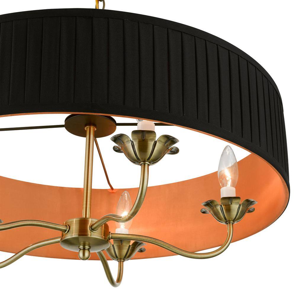 Antique Brass Floral 5-Light Drum Chandelier with Pleated Shade