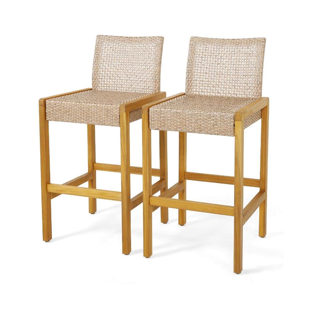 Set of 2 Acacia Wood and PE Rattan Outdoor Bar Stools with Footrests and 400 lb. Capacity, Light Brown price history on PriceWatchPro