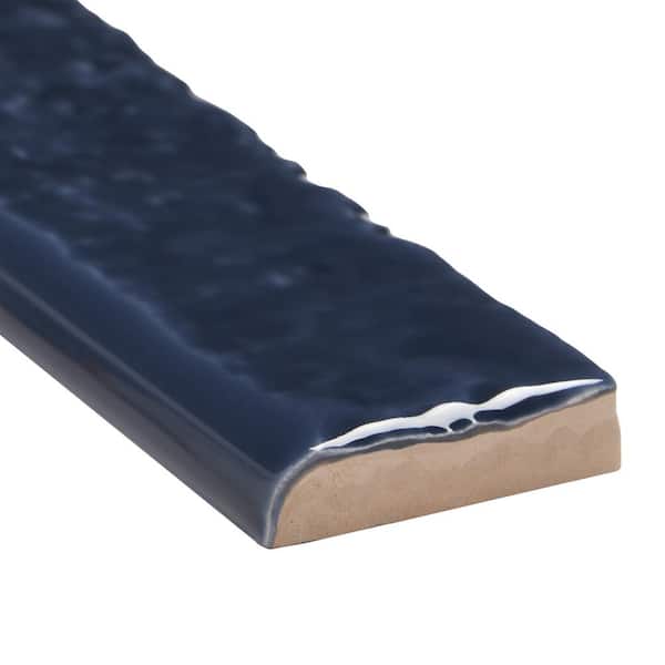 Virtuo Marine Blue 1.45 in. x 9.21 in. Polished Crackled Ceramic Bullnose Tile Trim