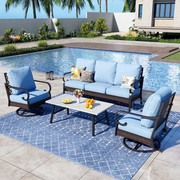 PHI VILLA 4-Piece Black Metal Outdoor Patio Conversation Set with Swivel Chairs, Marbling Coffee Table and Blue Cushions