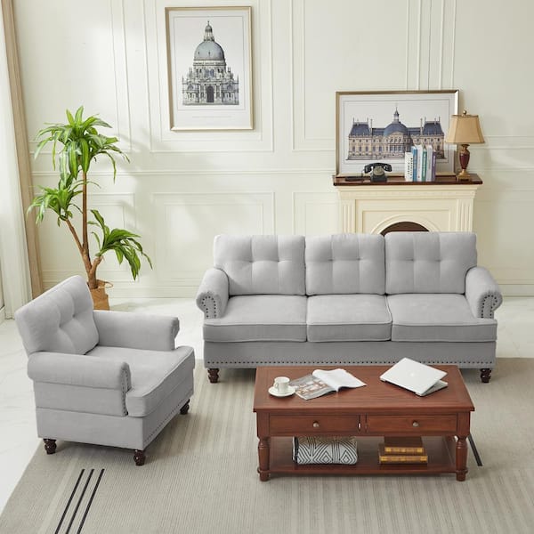 JEAREY Modern 2-Piece Grey Chenille Living Room Set with Nailhead Trim and Rubberwood Legs