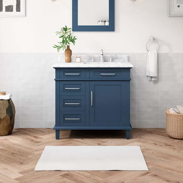Home Decorators Collection Sonoma 36 in. Single Sink Freestanding Midnight Blue Bath Vanity with Carrara Marble Top (Assembled)