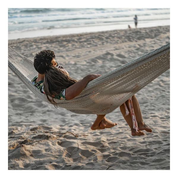 12.5 ft. x 7.5 ft. Handwoven Outdoor Double Rope Mayan Hammock Bed with Carring Bag, Beige
