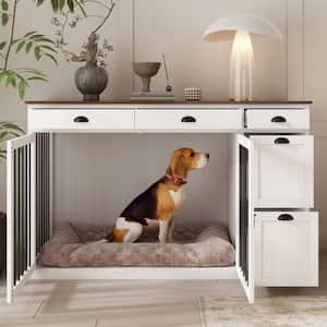 Dog House Furniture Style Dog Cage Storage Cabinet, Large Dog Crate with 5-Drawers for Medium Small Dogs, White