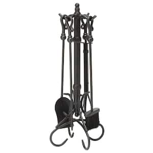 Black Wrought Iron 5-Piece Fireplace Tool Set with Crook Handles