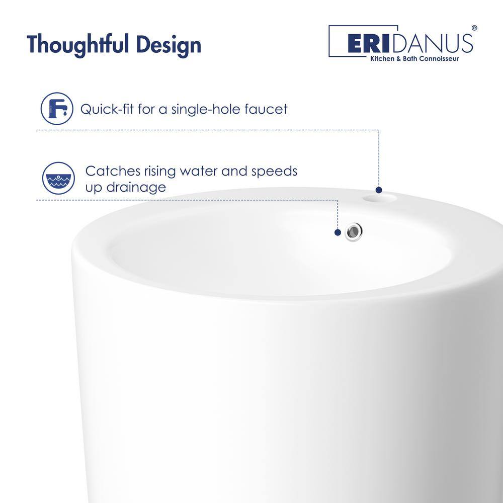 Glossy White Ceramic Round Pedestal Bathroom Sink with Overflow
