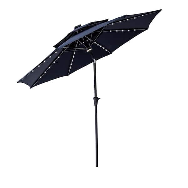 FLAME&SHADE 9 ft. Double Top Aluminum Market Solar Lighted Tilt Patio Umbrella with LED in Navy Blue Solution Dyed Polyester
