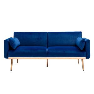 68.5 in. Navy Velvet Upholstered Square Arm 2-Seater Loveseat Reclining Sofa with Metal Legs and Pillows