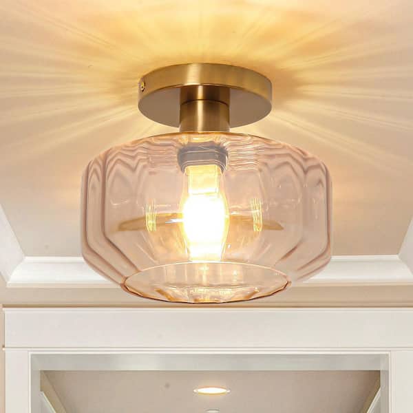 8.7 in. 1-Light Brass Semi-Flush Mount Ceiling Light with Amber Glass Shade