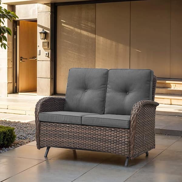 Opohoro PlainCurve 49.6 in Width 2-Person Metal and Brown Wicker Patio Outdoor Glider Loveseat with Olefin Gray Cushion